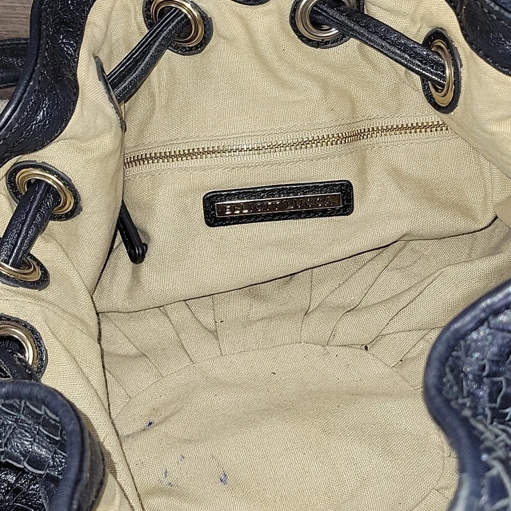 Elliott Lucca Black Woven Leather Drawstring Crossbody Bag